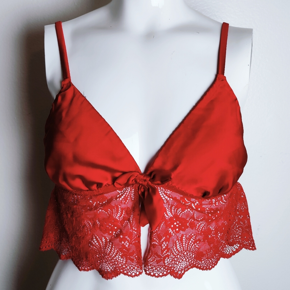 Secret Possessions Satin Lace Bow Flutter Ruffle Babydoll Bra Top Bralette, S